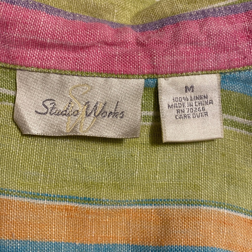 Studio Works Multicolor Striped Button Down WOMEN’s  100% linen blouse. - Picture 2 of 2